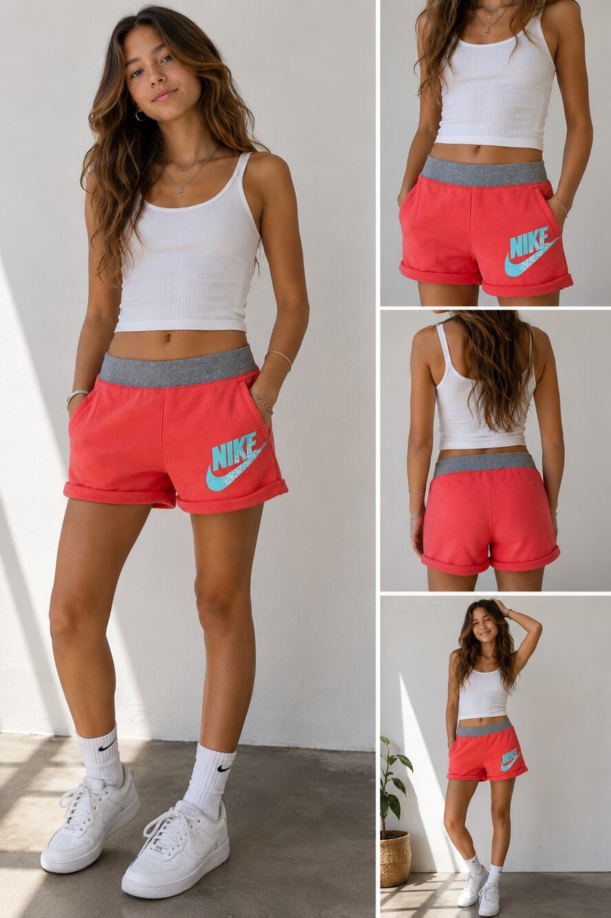 Nike Girls Coral Pink Fleece Shorts Medium M Retro Logo Sweat Shorts Pockets Y2K